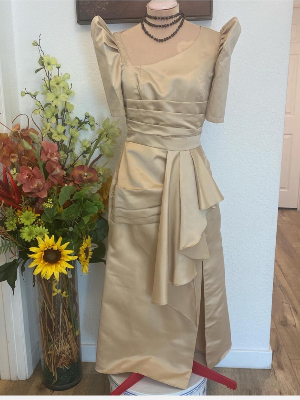 Elegant Filipiniana Fits S to L Champagne Satin A-Line Dress with Draped Sash